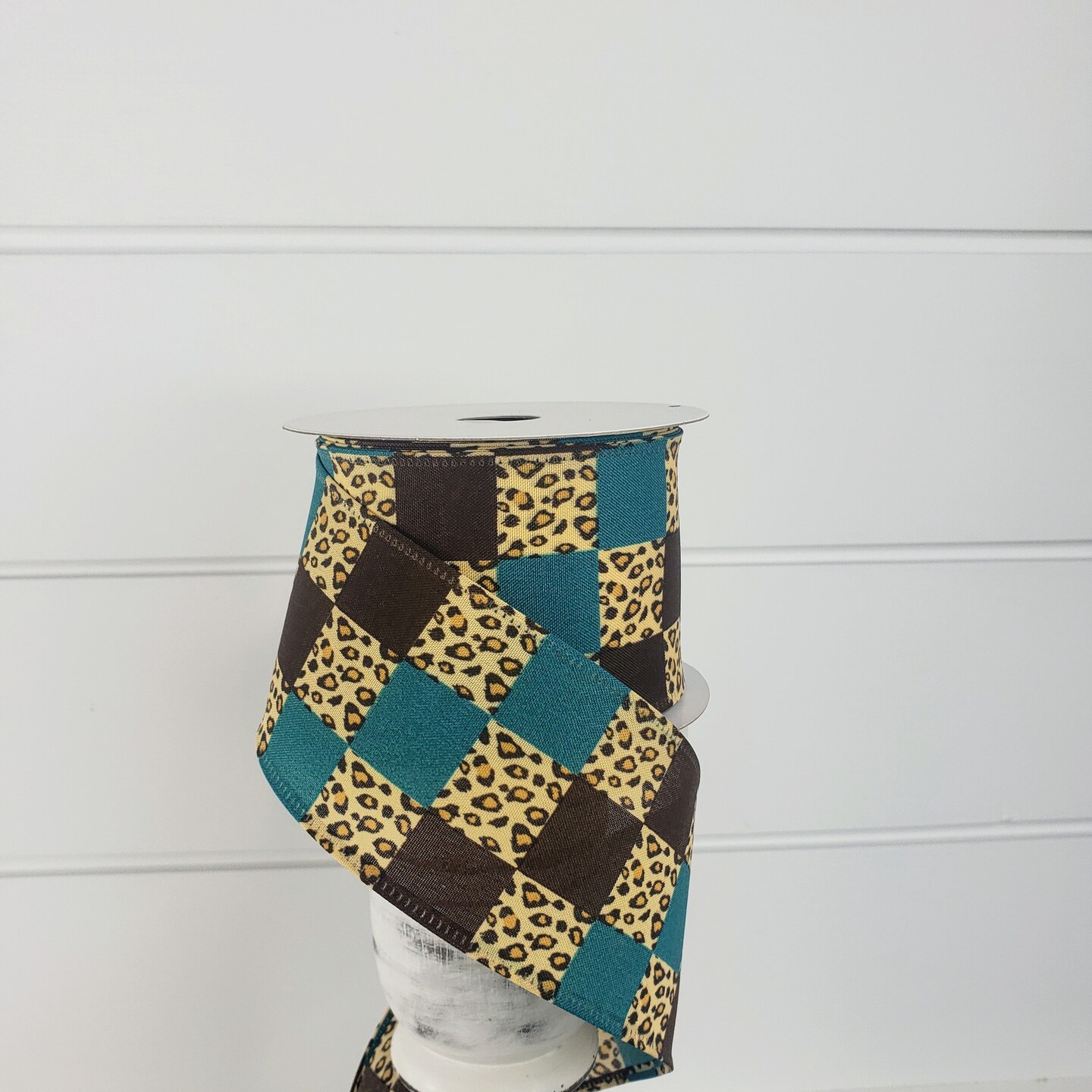 2.5&#x22;x10YD Teal Brown Cheetah Check Fall Wired Ribbon - Exotic Elegance for Autumn Crafts and Decor -(65110-40-33)