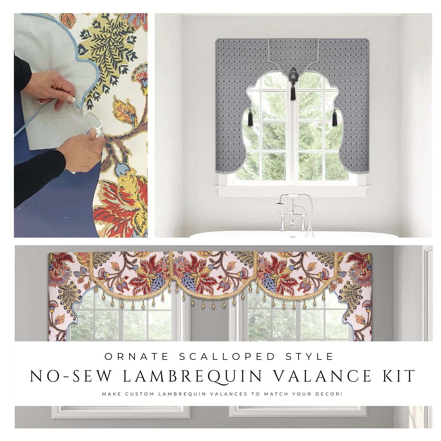Ornate Scalloped Lambrequin Valance Kit for Custom No-Sew Window Treatments