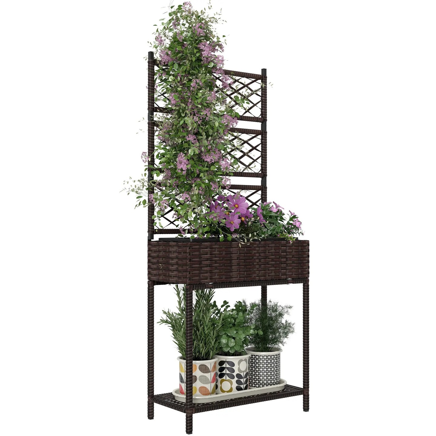 Outdoor Wicker Planter Box with Trellis &#x26; Shelf