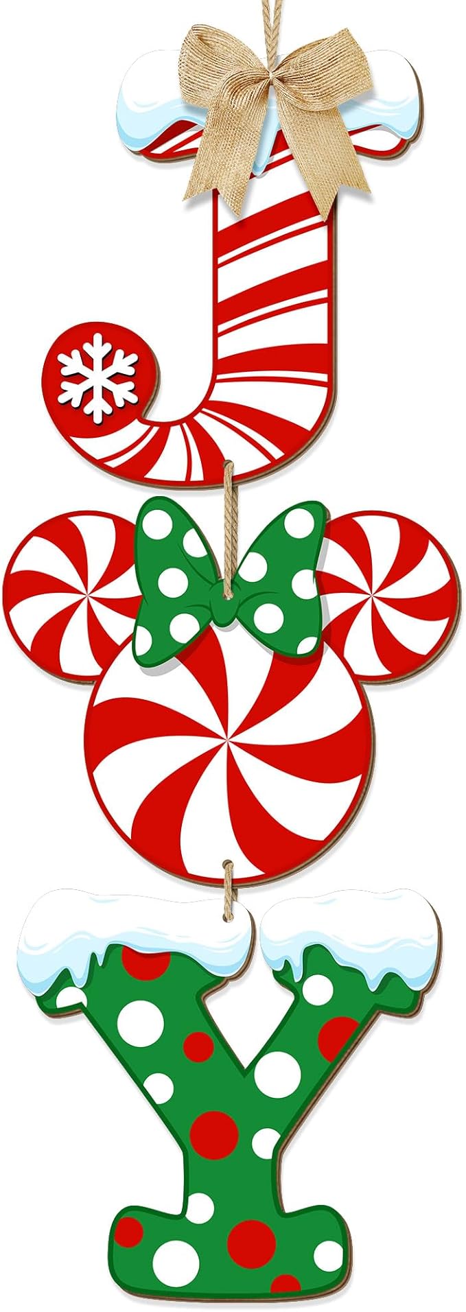 3 Pieces Christmas Joy Door Sign Decorations, Peppermint Candy Mouse Shaped Wreath for Front Door, Wood Joy Wall Sign Door Hanger for Xmas Party Winter Home Holiday Decor with Bow