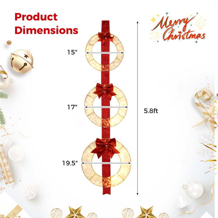 Set of 3 Christmas Lighted Wreaths with Warm White LED Lights and Bows