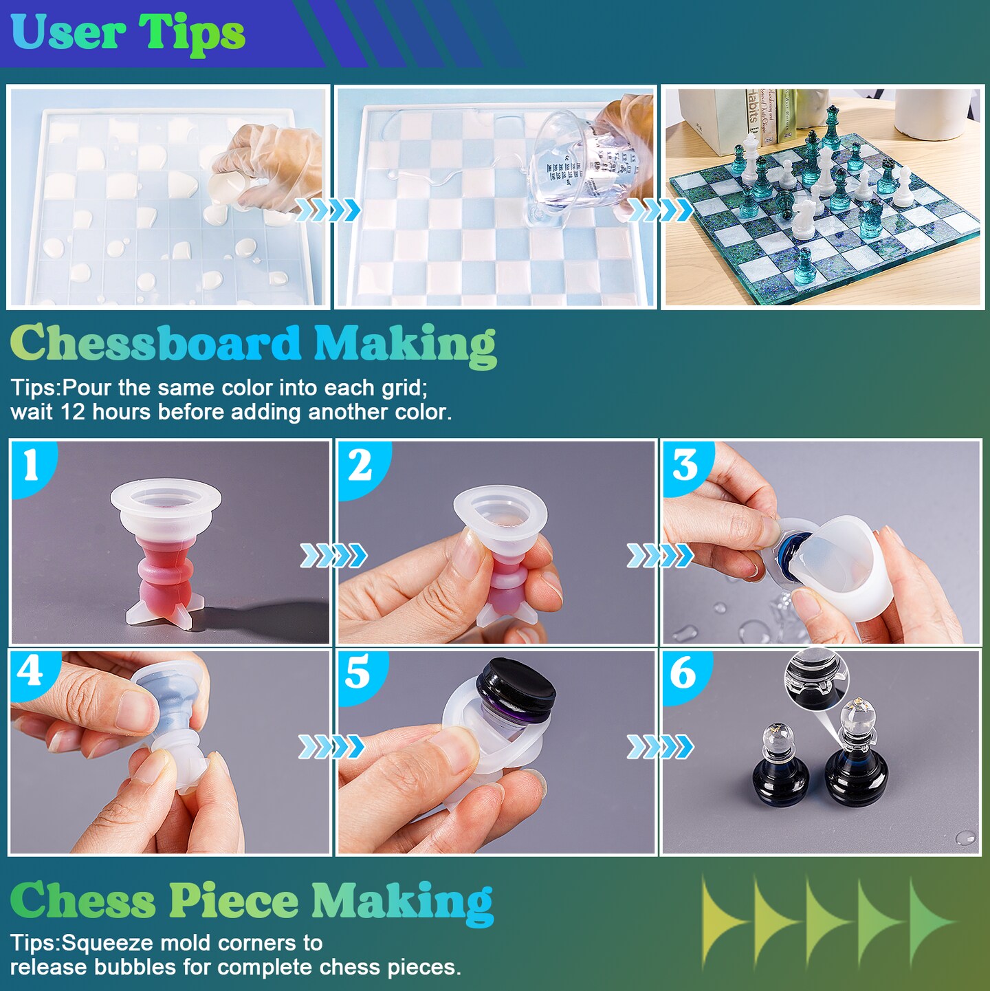 LET&#x27;S RESIN Chess Molds for Resin Casting, Upgraded Resin Chess Set Mold with 16 Piece 3D Full Size Chess Checkers &#x26; Chess Board Epoxy Silicone Resin Molds, DIY Chess Board Game, Christmas Gifts