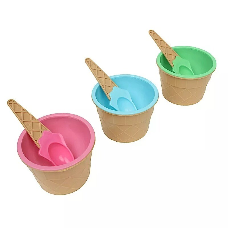 6 Assorted Reusable Plastic Dessert Cups Ice Cream Bowls Spoons Set Party Events