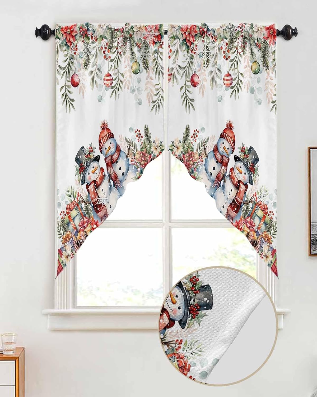 Christmas Red Eucalyptus Leaves Curtain Valance for Window, Farmhouse Swag Curtains, Cute Snowman Valance for Kitchen Bathroom Bedroom, Rod Pocket Window Valance Curtains Over Sink 28" W x 36" L