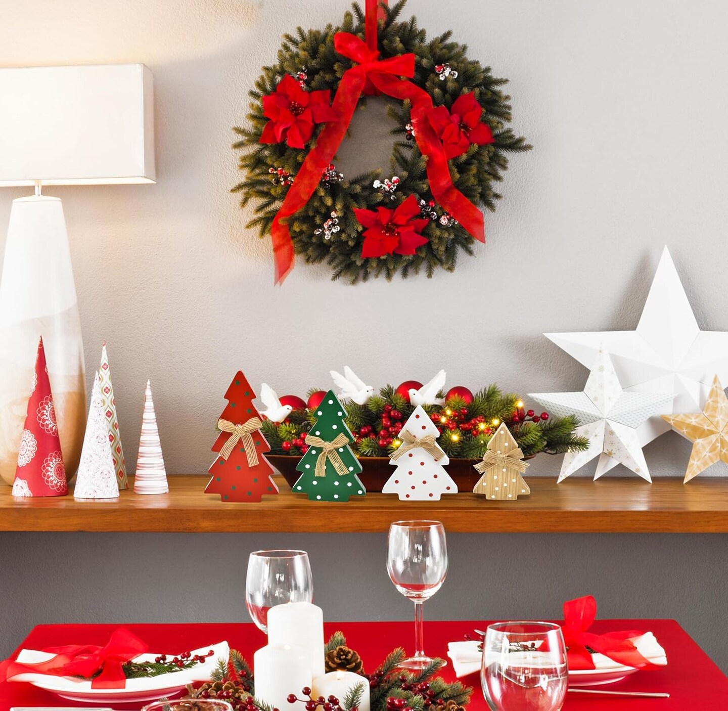 4 Christmas Trees Wooden Table Decorations Centerpiece Block Holiday Tree Red Green White Wood Color Tiered Tray Tabletop Sign Decor 4 Sizes for Office Dining Room Mantle Home Xmas Wood Party Supplies