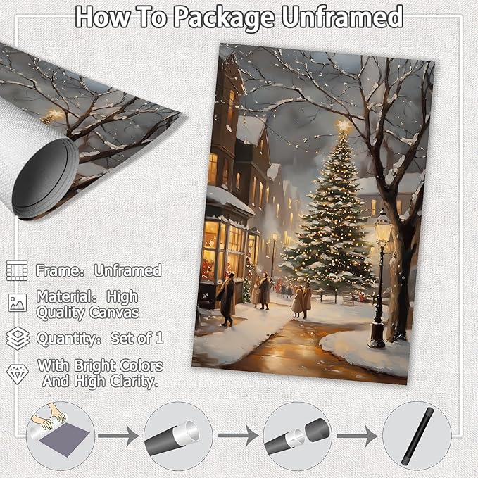 Rustic Christmas Town Wall Art Vintage Scene Country Pictures Farmhouse Decor Winter Posters Xmas Village Canvas Aesthetic Botanical Prints Landscape Painting Holiday Home Dorm Living Room 8x12inch Unframed