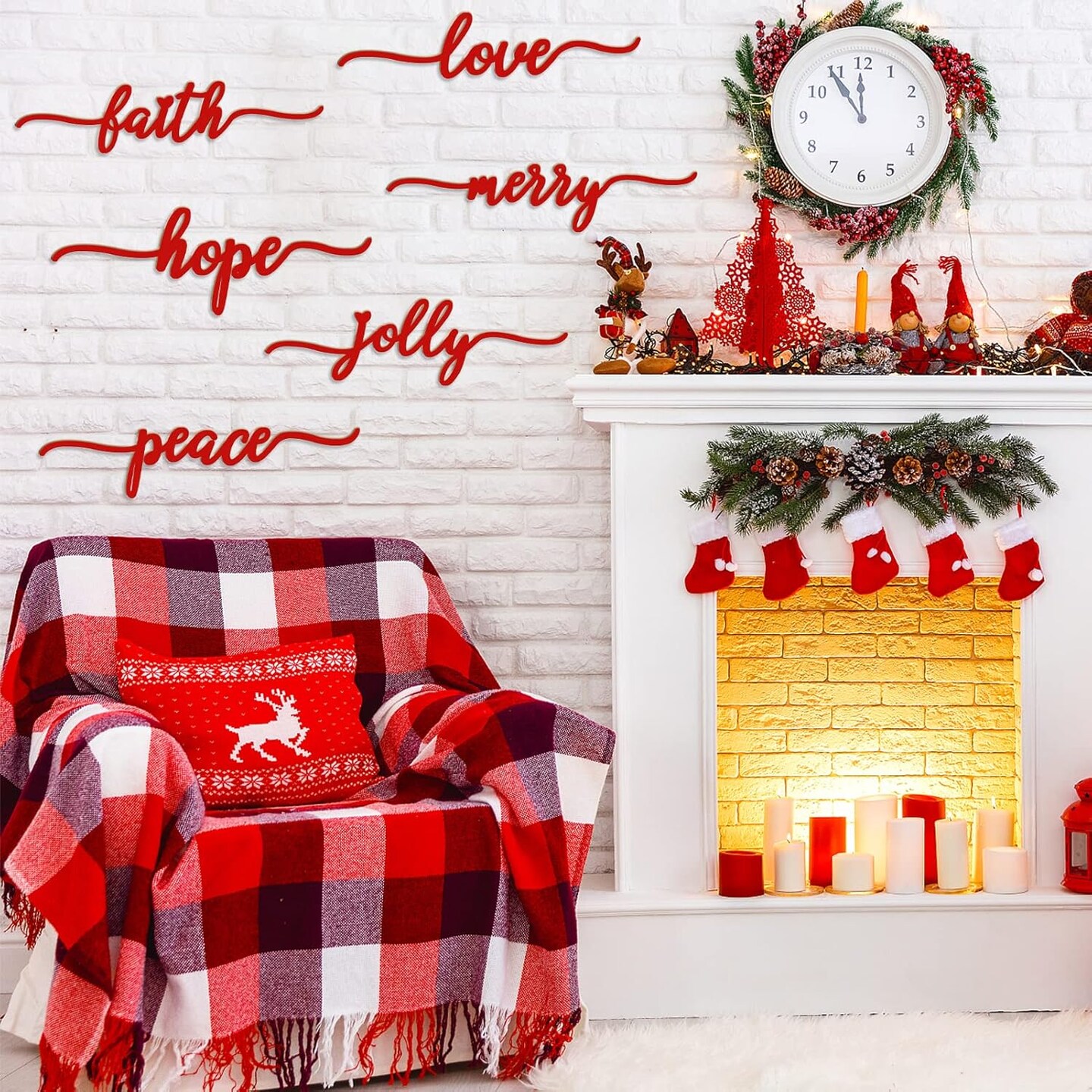 Christmas Wooden Letter Wall Sign Decor 12Pcs, Wooden Words Cutouts for Home Decorations, Table Plate Rustic Ornaments, Blessed Joyful Believe Welcome Merry Christmas Red Wooden Signs…