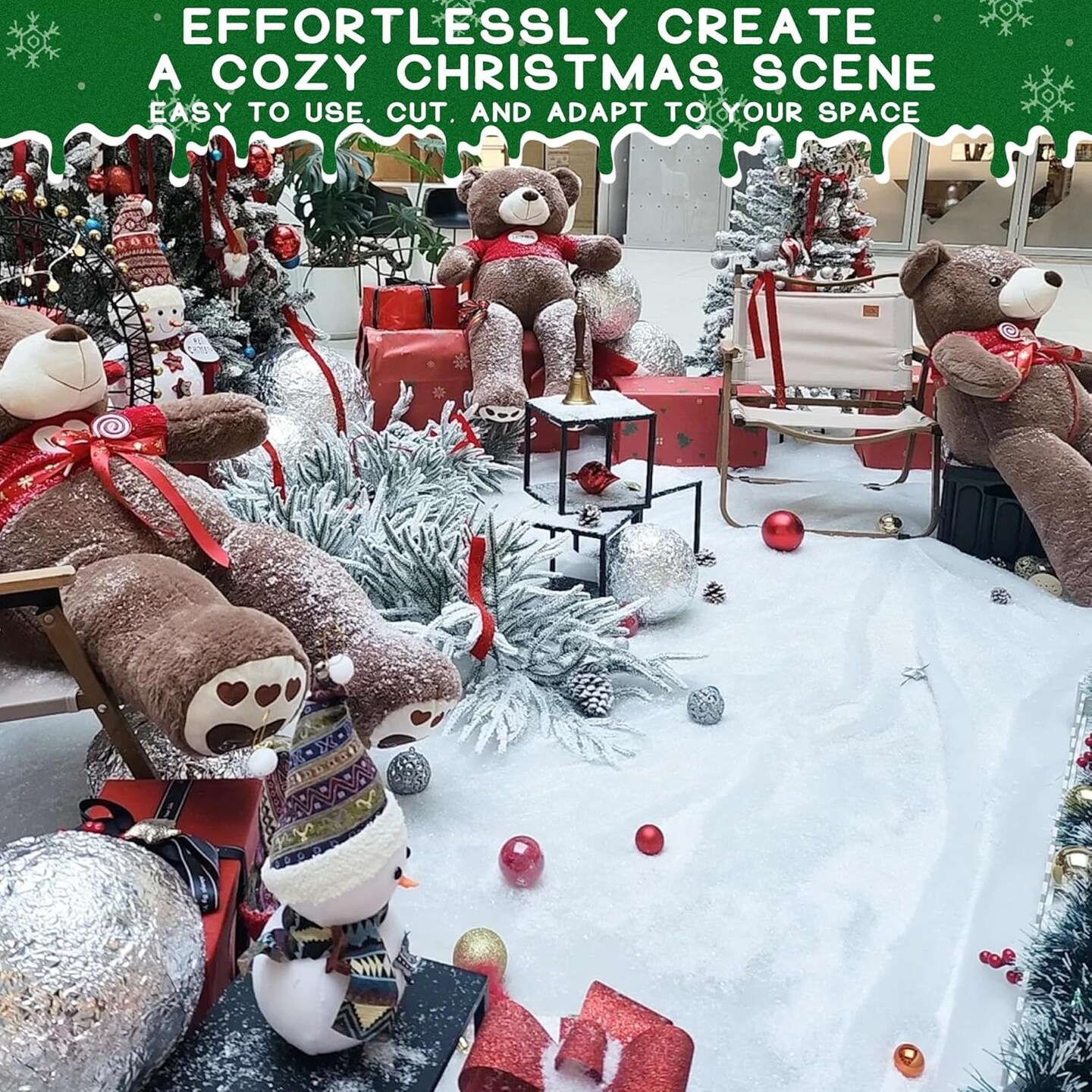Christmas Fake Snow 3-Piece Set Decorations, Snow Blanket Roll, Artificial Snowflakes, Fluffy Snow for Christmas Village Houses Display Winter White Wonderland Kitchen Table Top Decor