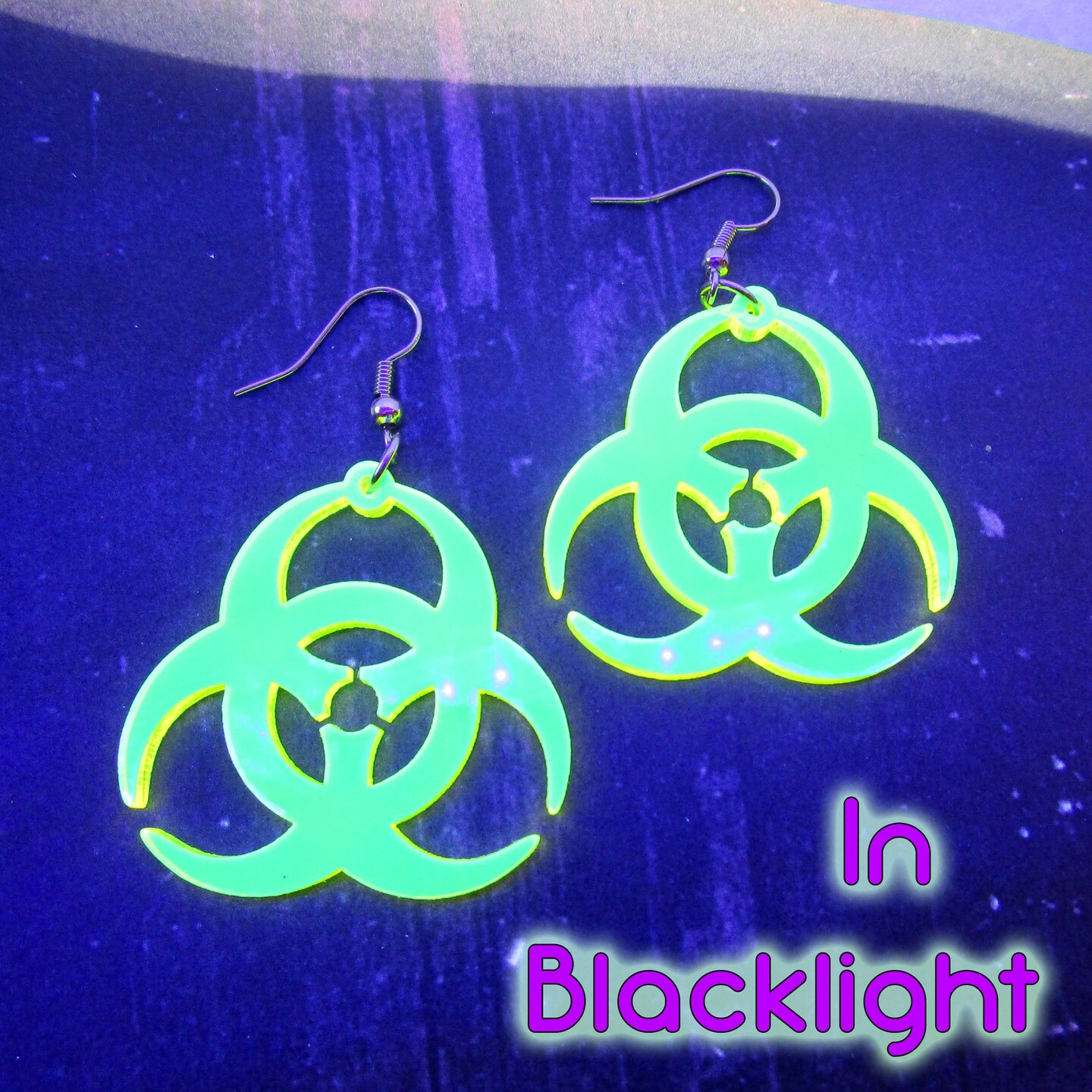 Neon Yellow Biohazard Symbol Pendant Dangle Earrings, Zombie