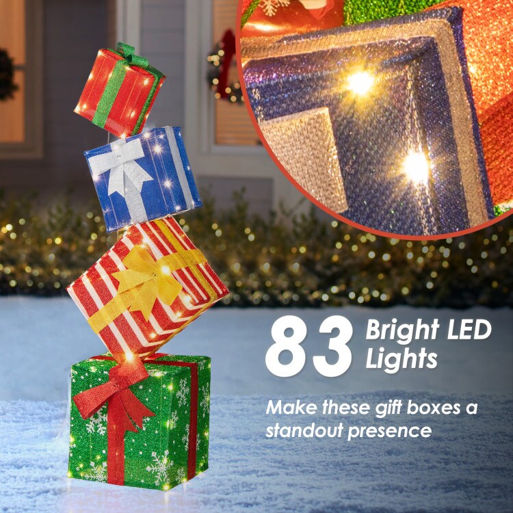 48 Inches Lighted Stacked Gift Boxes with Built-in LED Lights and Decorative Bows