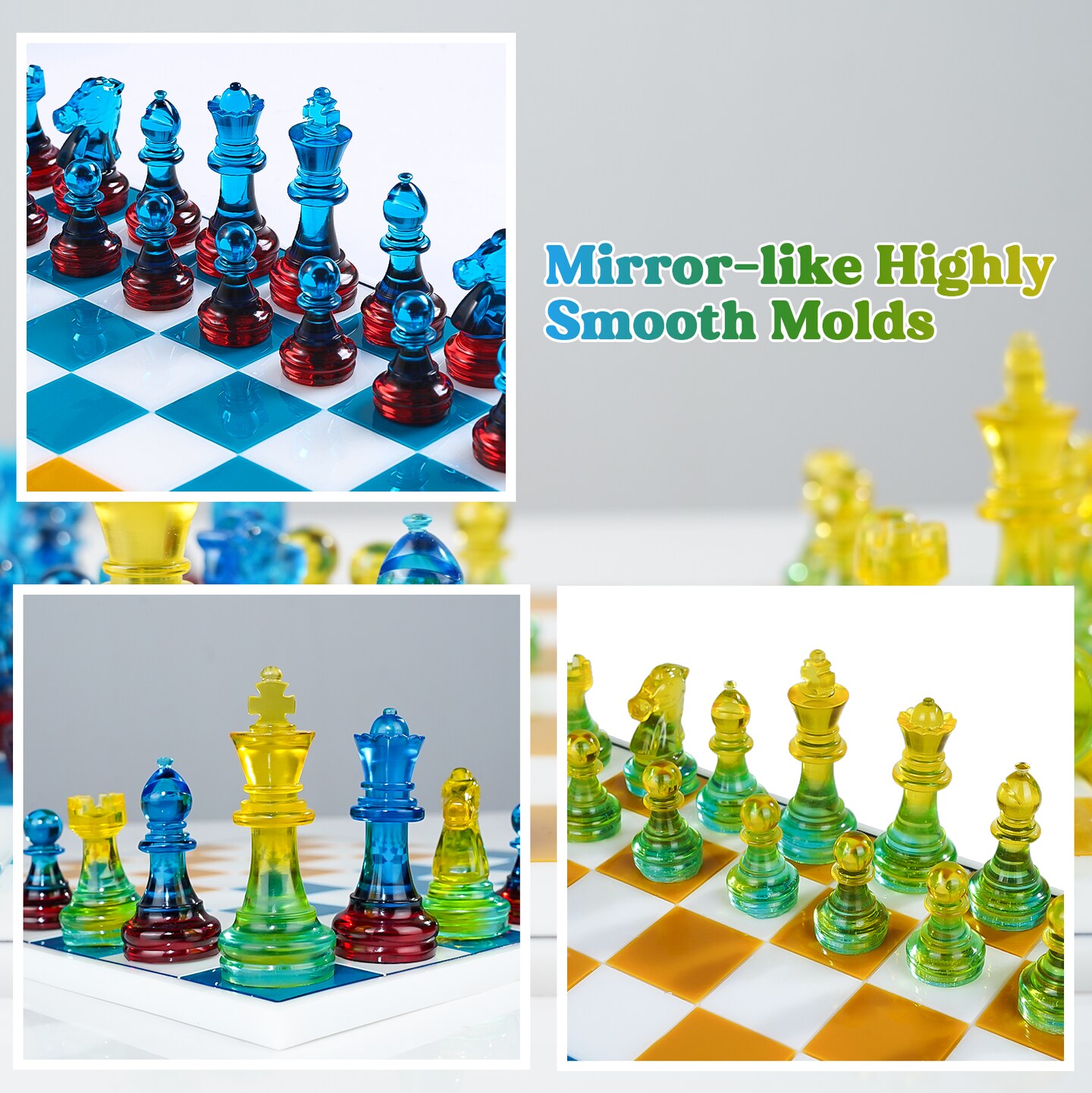 LET&#x27;S RESIN Chess Molds for Resin Casting, Upgraded Resin Chess Set Mold with 16 Piece 3D Full Size Chess Checkers &#x26; Chess Board Epoxy Silicone Resin Molds, DIY Chess Board Game, Christmas Gifts
