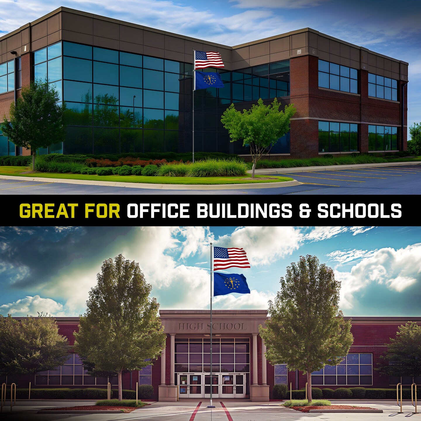 G128 Combo Pack: 20 Ft Telescoping Aluminum Flagpole (Black) & American and Indiana Flags 3x5 Ft, Both StormFlyer Series Embroidered 220GSM Spun Polyester | Pole with Flags Included