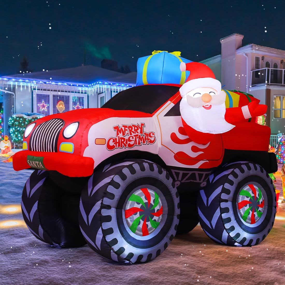 7.5 FT Length Christmas Inflatables Truck Outdoor Decoration Blow Up Santa Claus with presents on Truck with Built-in LEDs for Yard Lawn Garden Decorations