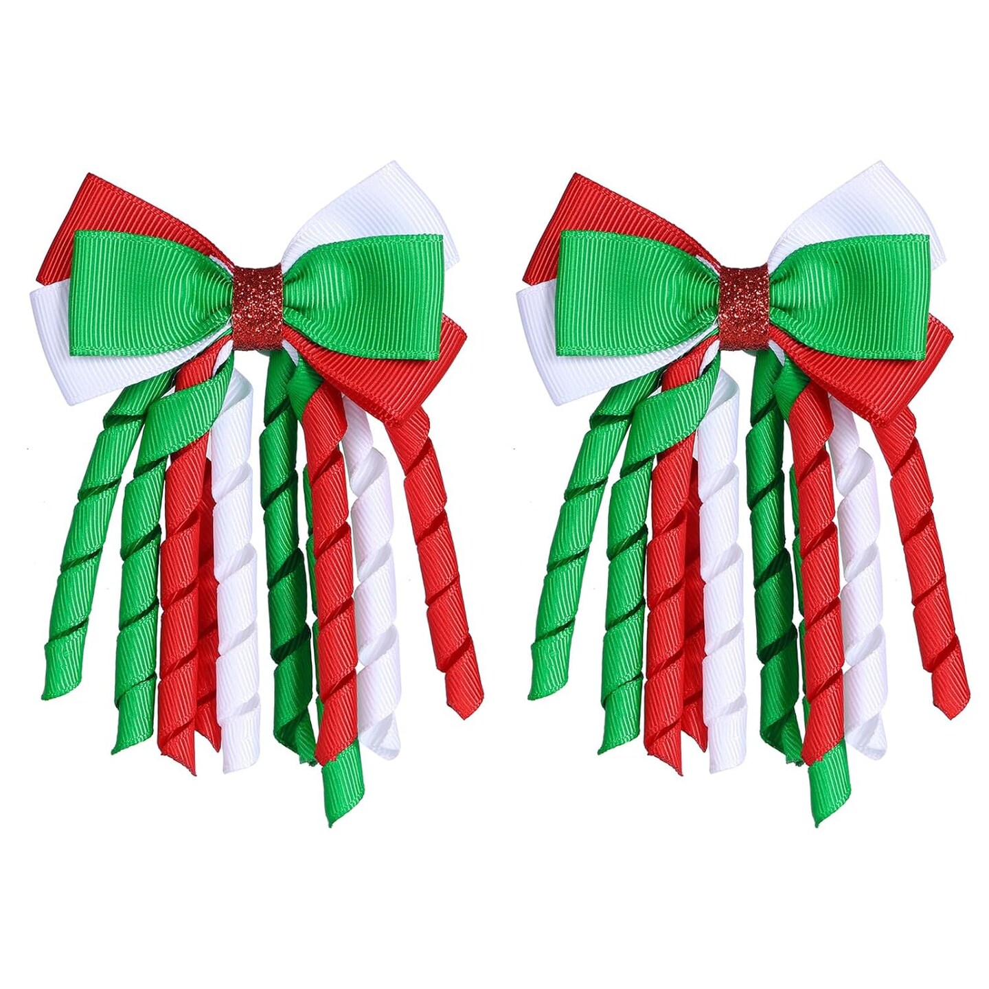 Christmas Hair Bow Clips 3 Inch Curly Ribbon Hair Clips Kids Girls Handmade Cheer Hair Accessories for Christmas Party Decor, Green &#x26; Red &#x26; White