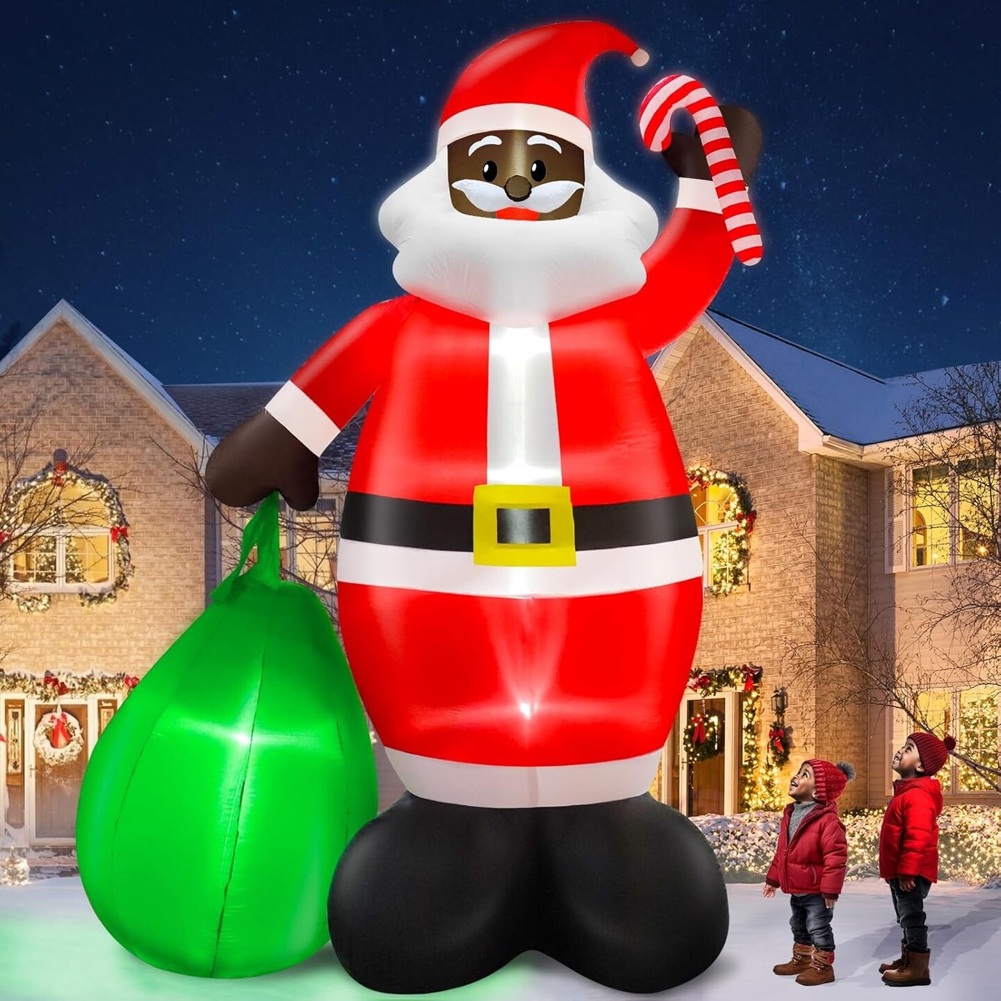 14 Feet Giant Black Santa Claus Inflatables Christmas Outdoor Decorations Holds Gift Bag &#x26; Candy Cane Blow Up Build-in LED Lights Inflatable Christmas Yard Decor Garden Lawn Xmas Holiday