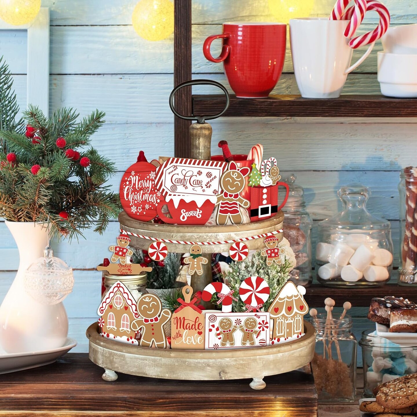 18Pcs Christmas Gingerbread Tiered Tray Decor Red Chirstmas Wooden Wall Art Decor Christmas Candy Table Centerpieces Decoration Kitchen Tabletop Party Decor