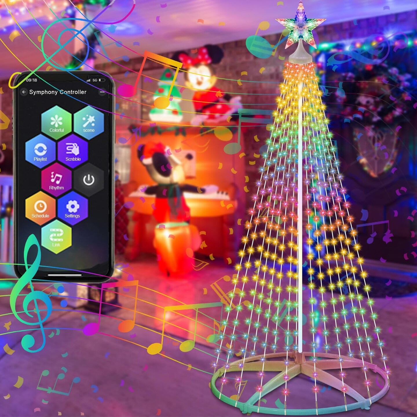 Smart LED Christmas Cone Tree Light, 7.5ft 310 LED Lighted Artificial Tree with Star Topper, Music Sync with Remote APP Control, DIY RGB LED Light Show Tree for Xmas Indoor Outdoor Decorations