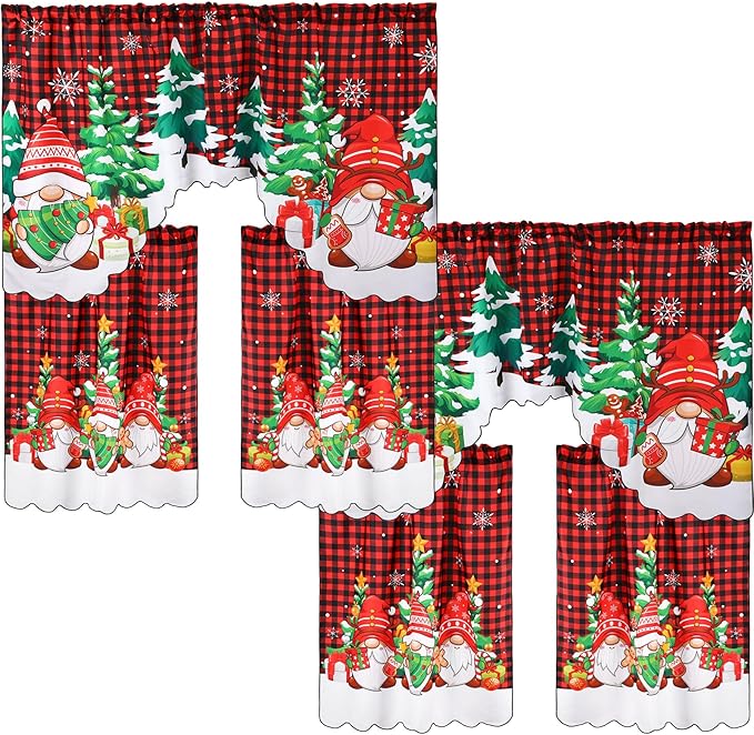 6 Pcs Christmas Kitchen Curtains Window Curtains and Valance Set Snowman Christmas Tree Gnome Buffalo Plaid Christmas Curtains Swag for Bedroom Living Room, 60 x 36 Valance, 36 x 30 Tier