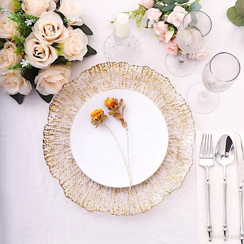 Clear Gold 6 Round 12" Plastic Charger Plates Reef Rim Design Party Decorations