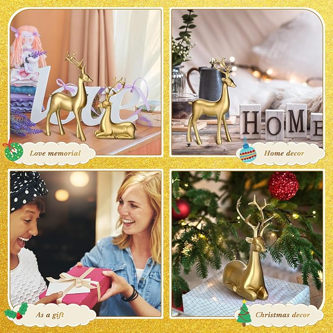 Deer Statue Reindeer Figurines Deer Decorations for Home Indoor Rustic Christmas Home Decor Statue Small Reindeer Sculpture (Gold)