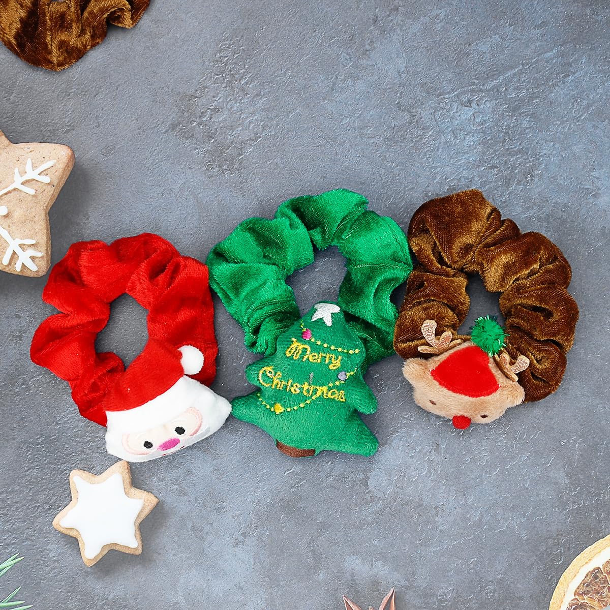 3PCS Christmas Hair Scrunchies Silk Christmas Hair Ties Elastic with Christmas tree Santa Claus Elk Soft Elastic Hair Bands Red Green Brown Checkered Hair Ties Xmas Ponytail Holders for Women Girls