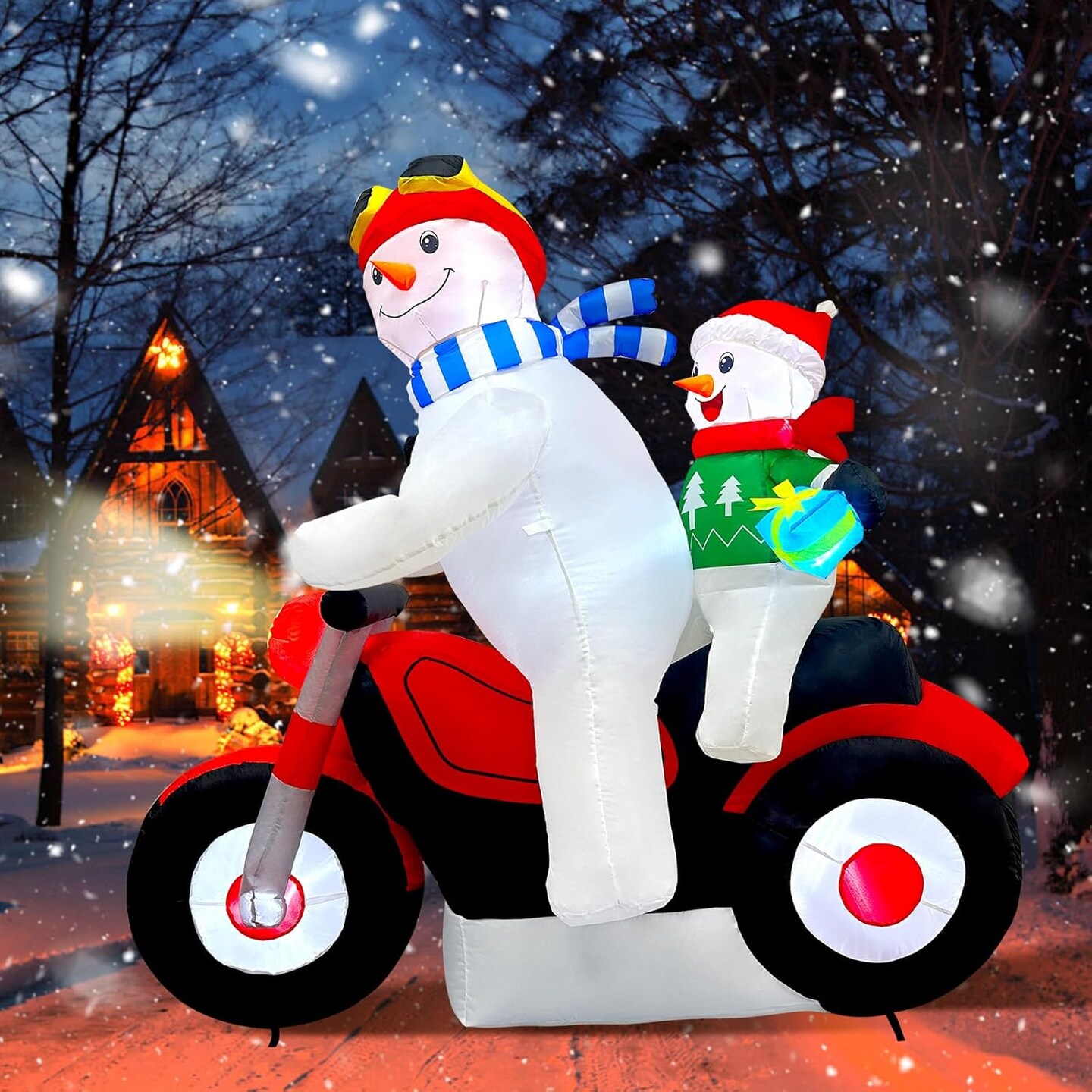 5.7FT Christmas Motorcycle Inflatable Snowman, Blow Up Snowman Father &#x26; Son on Motorcycle with Built-in LED Lights &#x26; Blower, Christmas Inflatable Outdoor Decoration for Yard Xmas Outside Decor