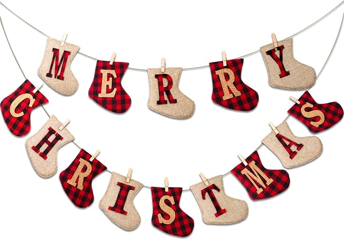 Merry Christmas Burlap Banner-Sock Shaped Christmas Decoration,Outdoor Indoor Hanging Decor,Rustic Christmas Decorations for Mantle Fireplace,Xmas Party Supplies Decoration