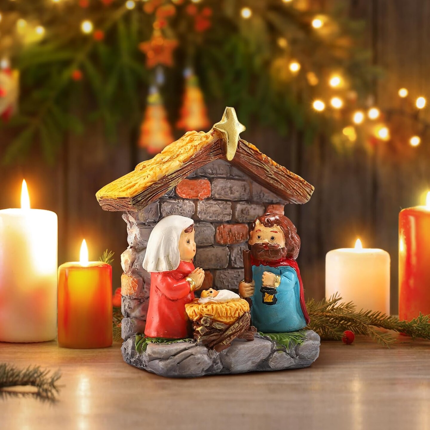 Christmas Nativity Scene Set - Holy Family Figurines with Baby Jesus Mary Joseph in Manger, Resin Little Nativity Sets and Figures for Tabletop Holiday Decorations, 4&#x22; H