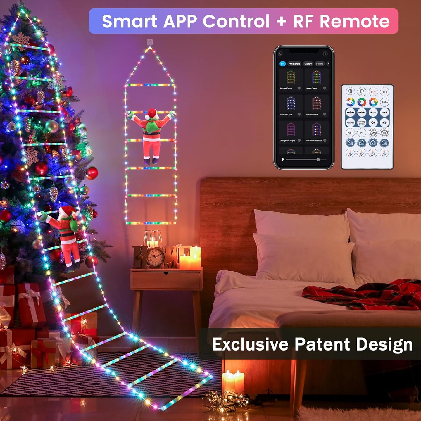 Christmas Decorations Lights, 10ft Smart RGB Christmas Decorative Lights with Santa Claus, Bluetooth &#x26; App Controlled Ladder Lights - Music Sync Color Changing Xmas Lights for Indoor Outdoor