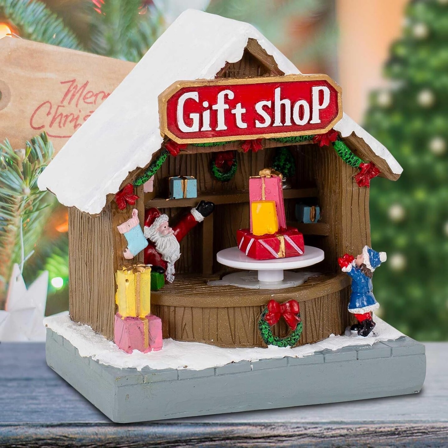 Animated Christmas Village Street Gift Shop with LED Light &#x26; Music, Resin Figurines Cute Santa Claus for Festive Decorations