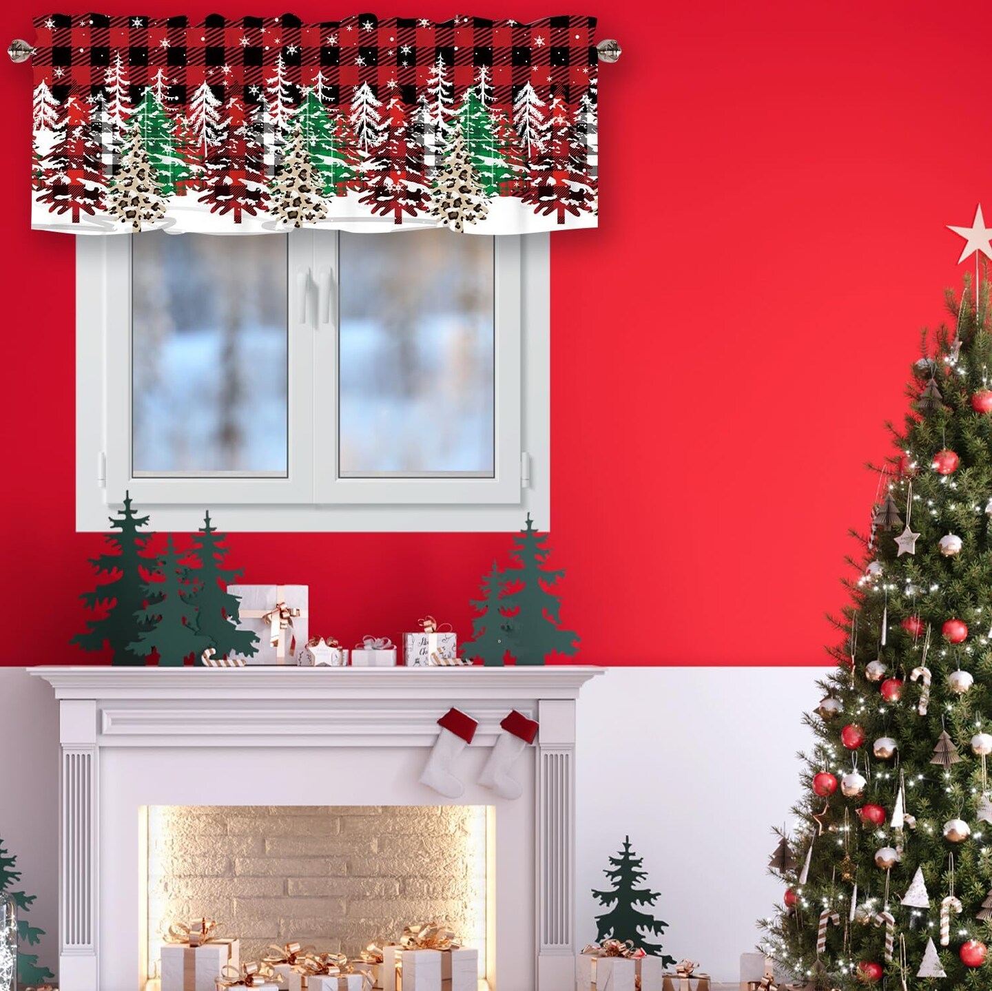 Christmas Curtain Valance for Windows Red Black Buffalo Check Plaid Snowflake Christmas Tree Winter Holiday Window Treatments 1 Panel Short Curtains for Kitchen Windows Bathroom Bedroom,54 x 18 Inch