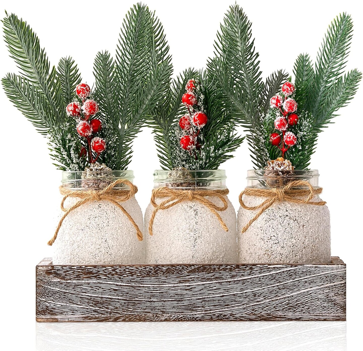 Christmas Table Centerpieces, Centerpieces for Tables Settings Farmhouse Wood Tray with 3 Mason Jars, Flowers Christmas Table Decorations for Kitchen, Coffee Dining Table Decor