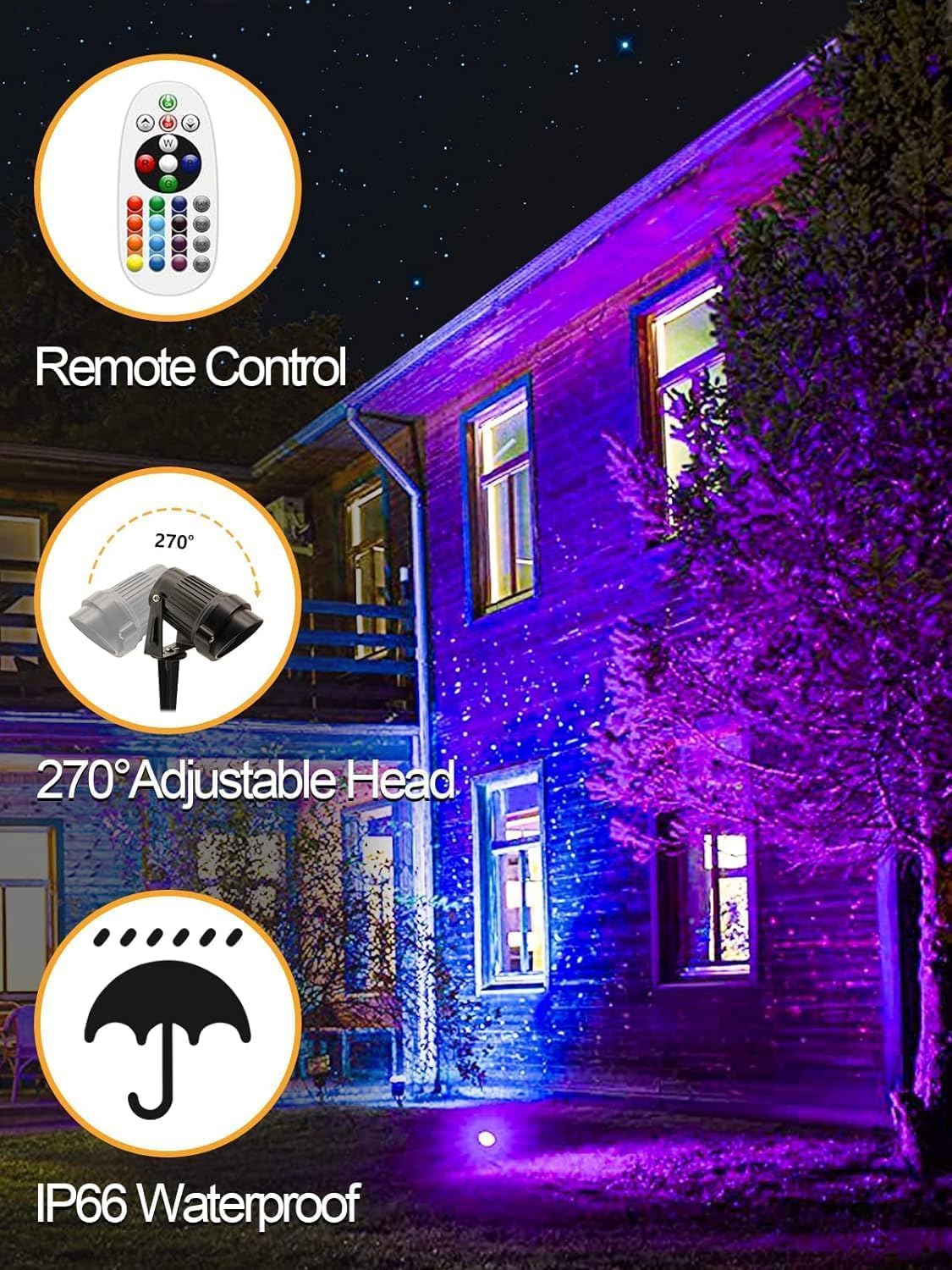 RGBW Christmas Spotlights Outdoor LED Spot Lights for Yard, 10W Color Changing Landscape Lighting 120V Waterproof Spotlight with Plug &#x26; Remote for House Garden Path Tree Decoration(6Pack)