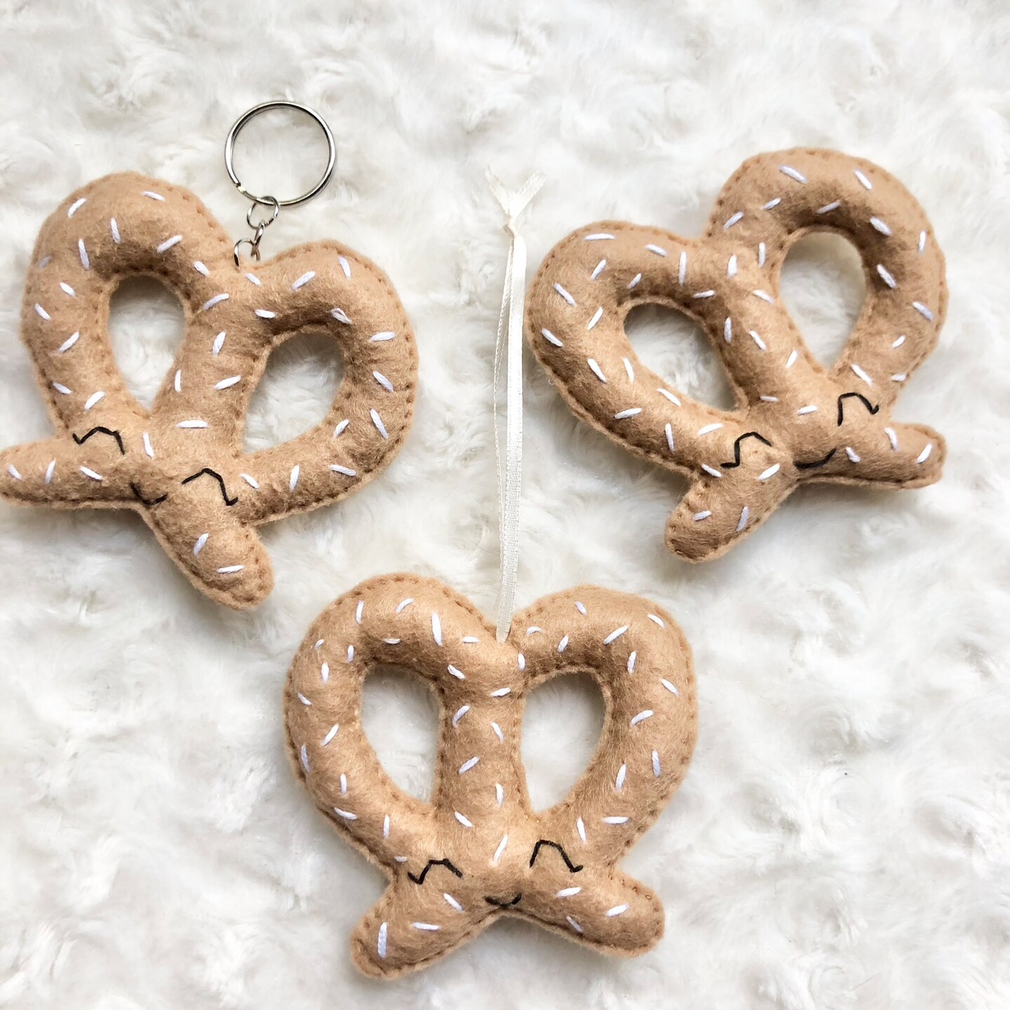 Pretzel Ornament, Keychain or Toy- Handsewn, Felt, Colorful, Happy