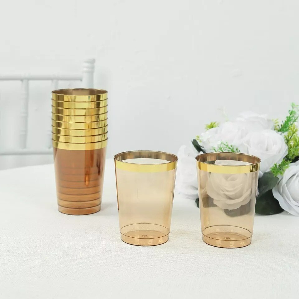 25 Crystal Amber Gold Gold 10 oz Plastic Cups Gold Rim Party Events Decorations