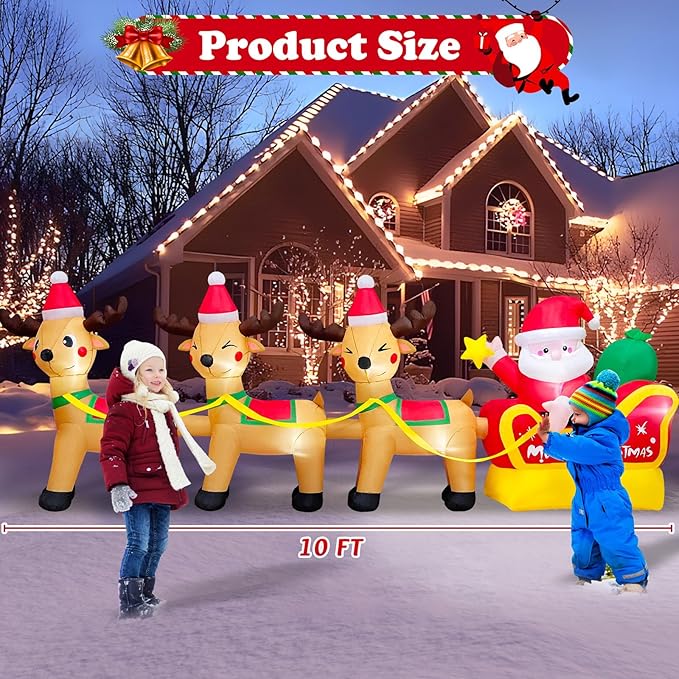 10ft Christmas Inflatables Outdoor Decorations, Inflatable Christmas Santa Sleigh Blow Up Santa Claus Reindeer Sled with Built-in LEDs Lighted for Holiday Xmas Party Lawn Garden Decor