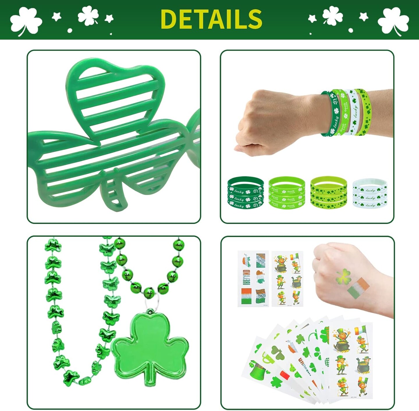 96Pcs St. Patricks Day Party Favors Set Shamrock Glasses Necklaces Bracelets Tattoos St. Patrick's Day Accessories Decorations Supplies