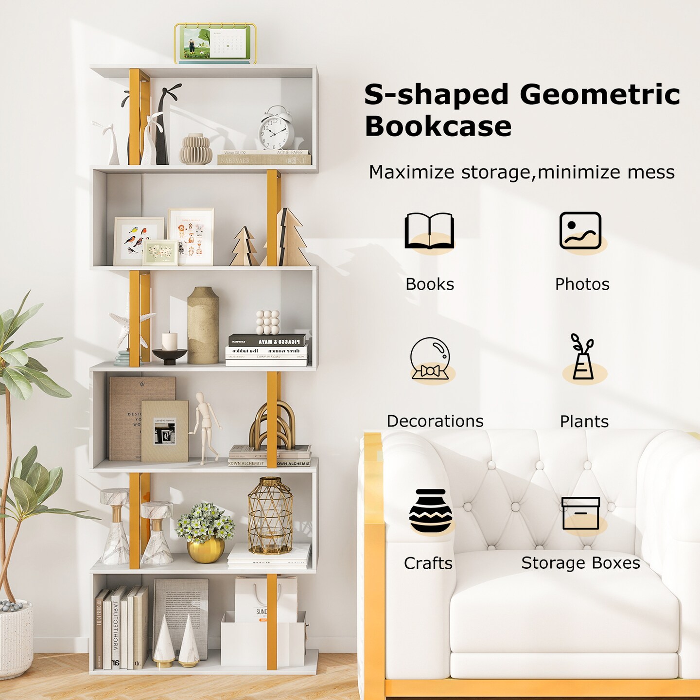 White-Gold Geometric Bookcase with Metal Frame and Anti-tipping Kits