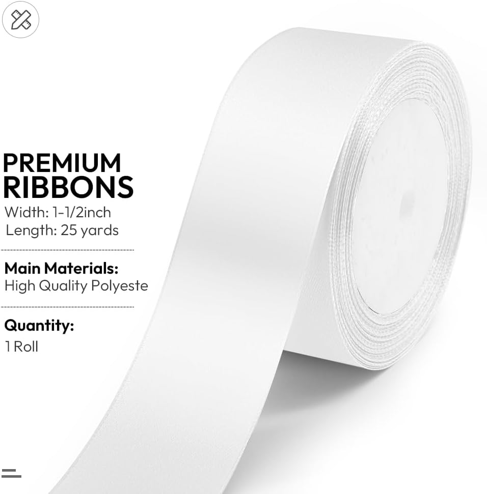 1-1/2 Inches x 25 Yards Solid White Satin Ribbon, Perfect for Crafts, Wedding Decor, DIY Hair Accessories, Sewing, Gift Package Wrapping and More