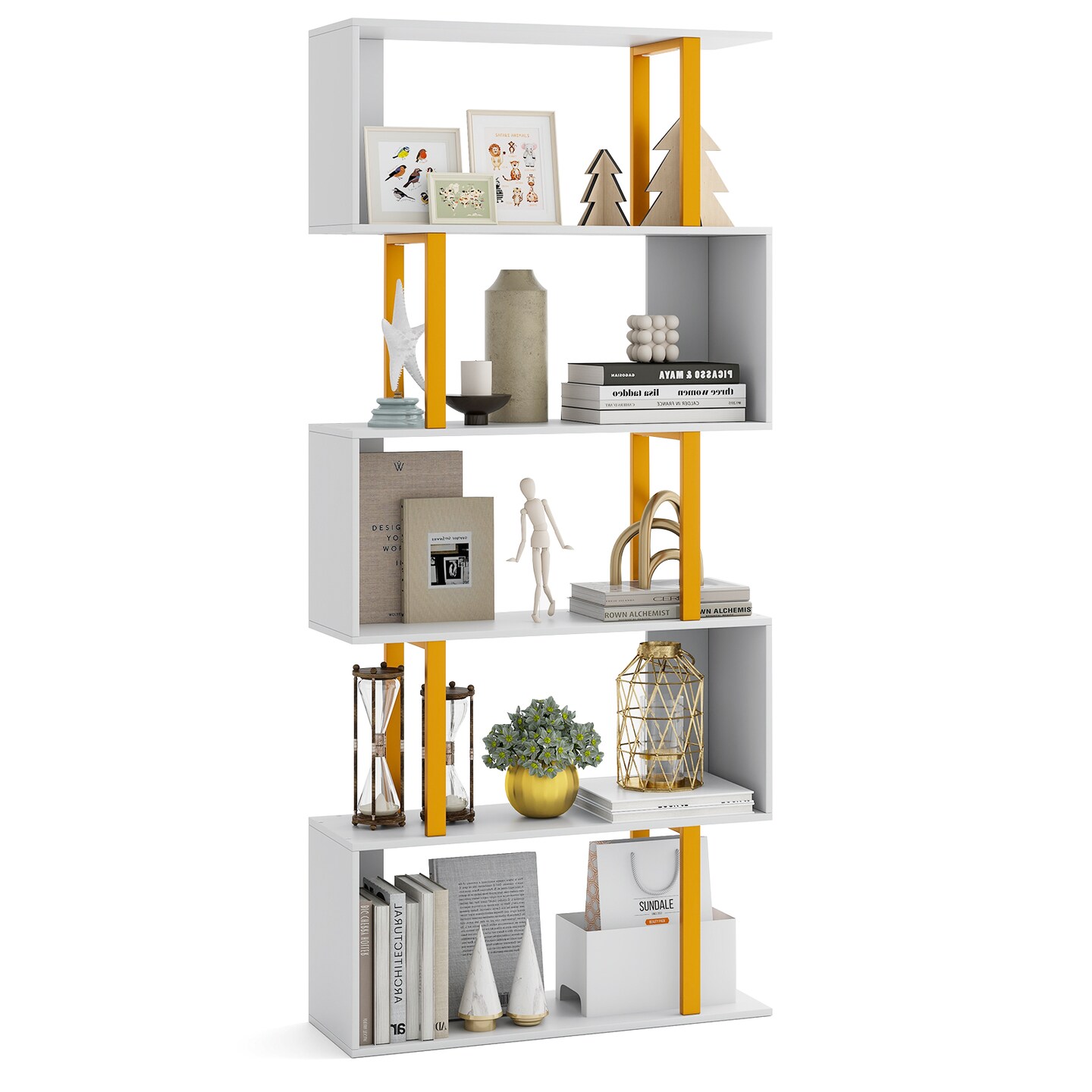 White-Gold Geometric Bookcase with Metal Frame and Anti-tipping Kits