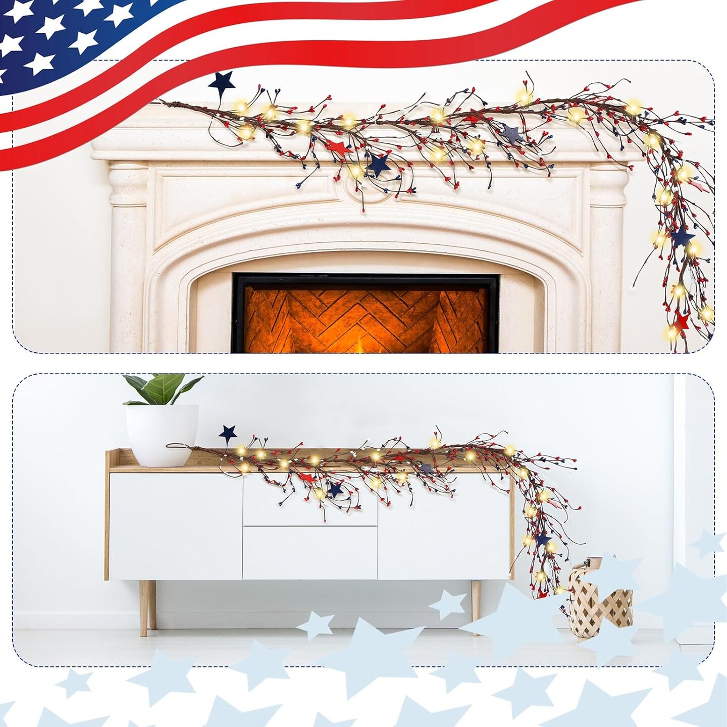 4.5-Foot Patriotic Garland for the 250th Independence Day Celebration, Featuring Red, White, and Blue Berry Branches with Metal Star Accents and 30 Fairy Lights — Ideal for 4th of July Door or Wall Décor