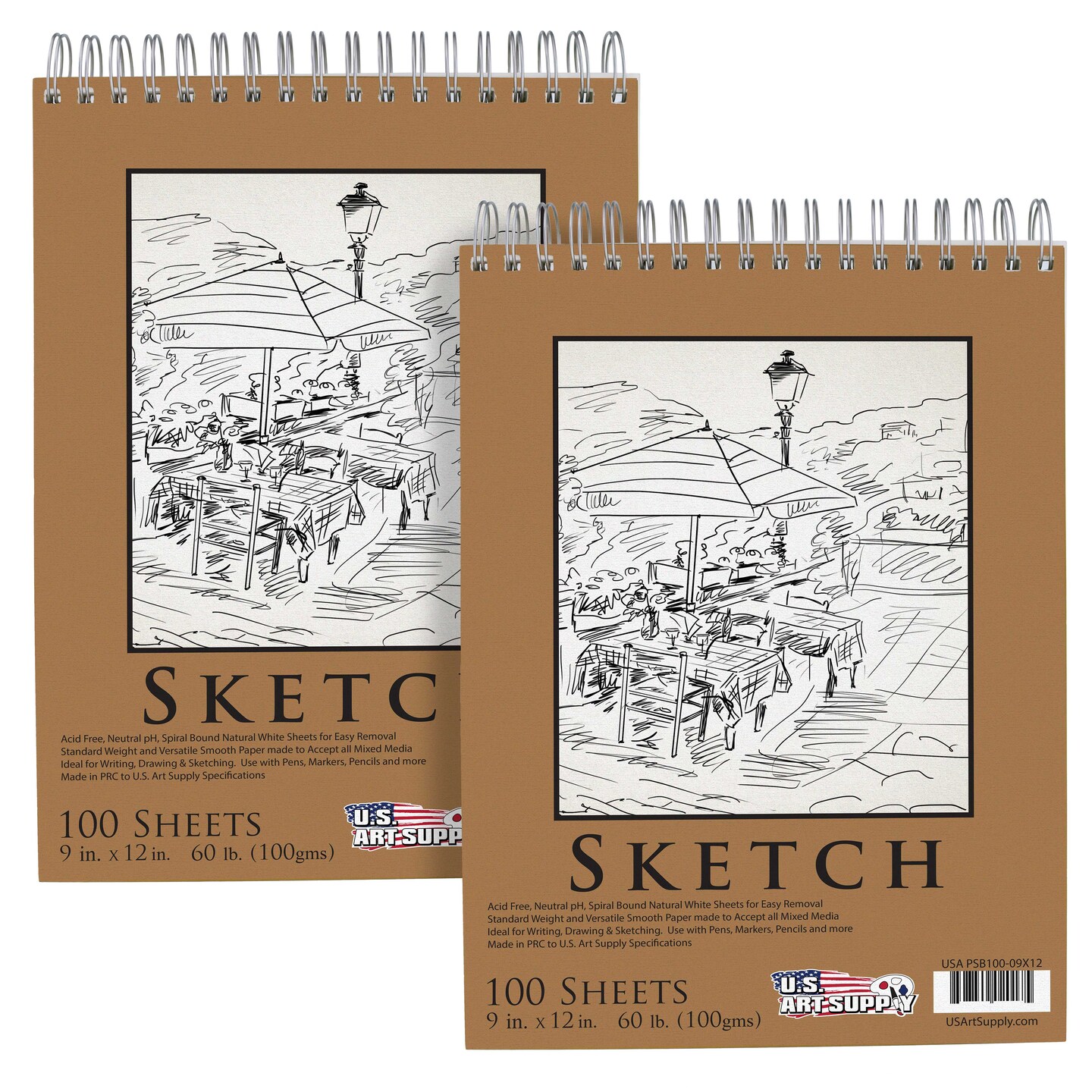 9&#x22;x12&#x22; Top Spiral Bound Sketch Book, 2 Pack, 100 Sheets Each, 60lb (100gsm), Acid-Free, Artist Sketchbook, Drawing Pad for Adults &#x26; Students
