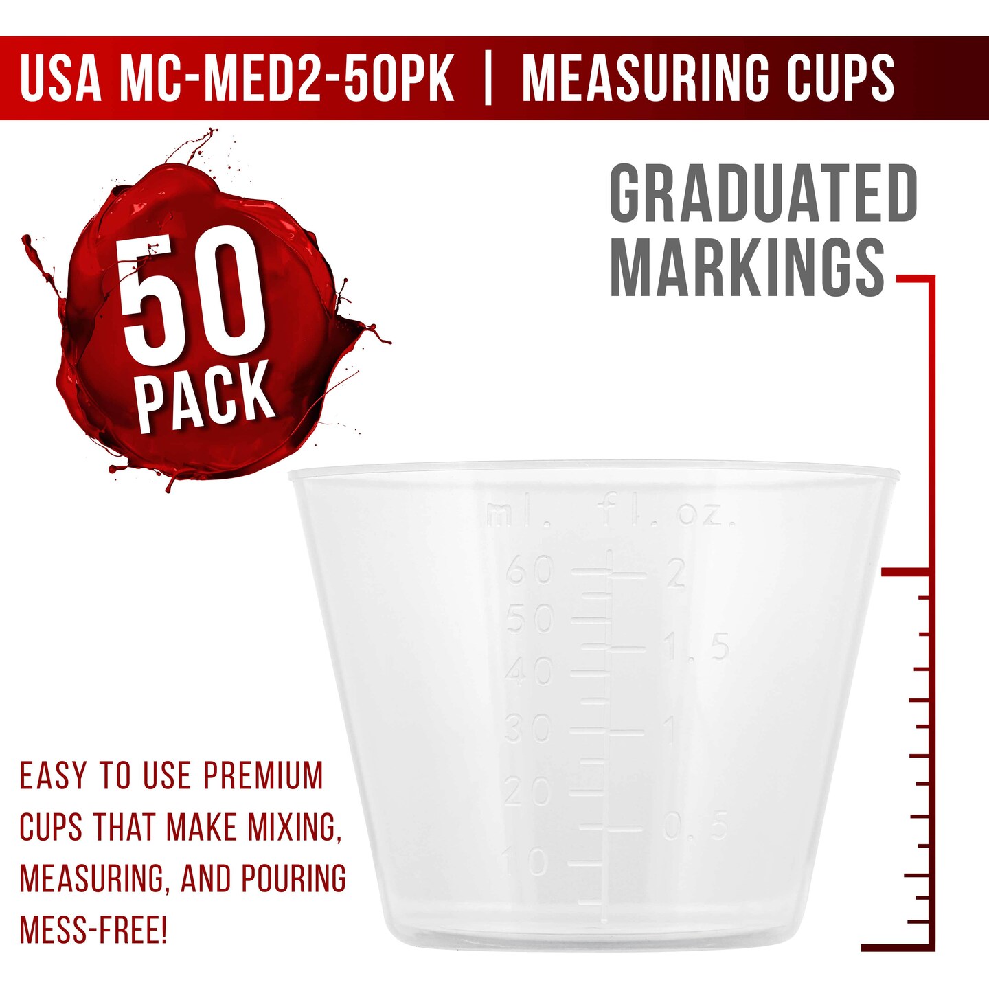 Pouring Masters 2 Ounce (60ml) Graduated Plastic Measuring Cups (50 Clear Cups &#x26; 25 Mixing Sticks) - OZ, ML Measurements, Acrylic Paint, Resin, Epoxy