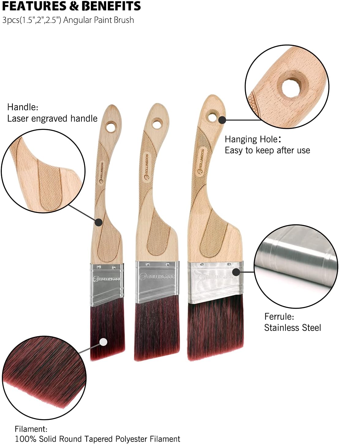 Angled Paint Brush - Trim Brush with Ergonomic Wood Handle for Wall, Furniture, Cutting in Painting,3PC(1.5&#x22;,2&#x22;,2.5&#x22;)