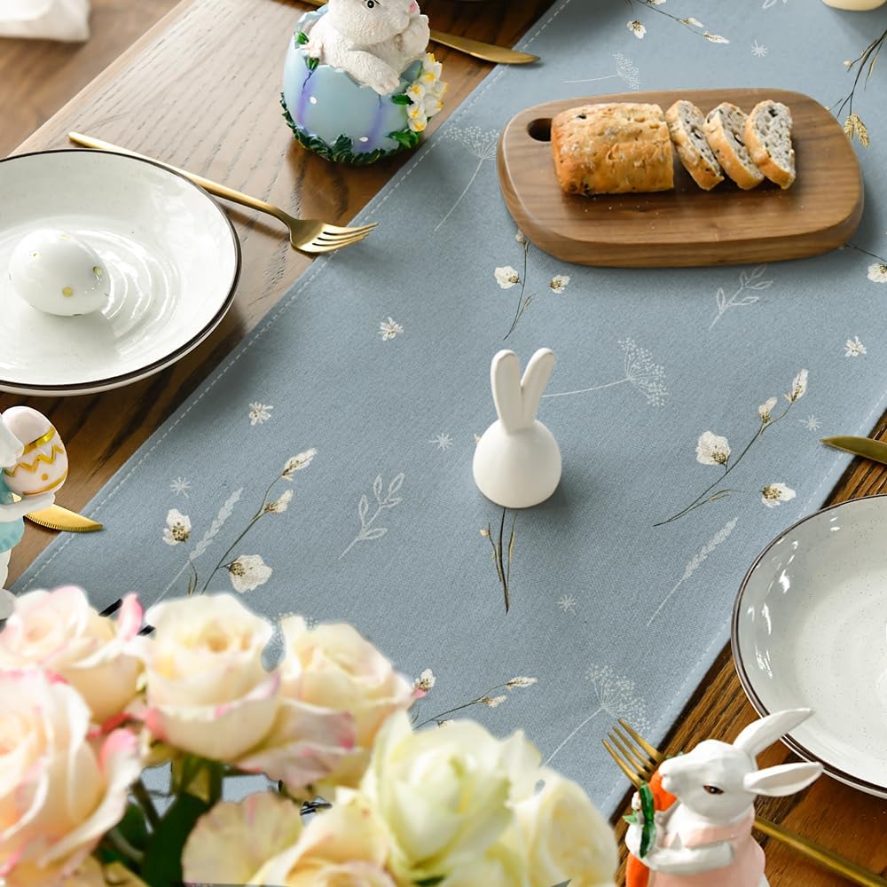 Bunny rabbit, hydrangea Happy Easter table runner, 13x36 inches, spring kitchen dining decor.
