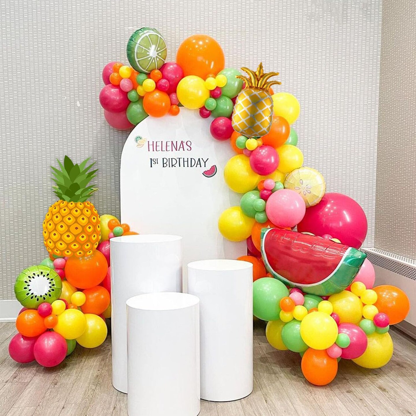 149pcs Fruit Balloon Garland Arch Kit Pink Yellow Green Balloons with Mixed Waterlemon Pineapple Mylar Foil Balloons for Twotti Fruity Party Decorations 2nd Birthday Party Summer Supplies
