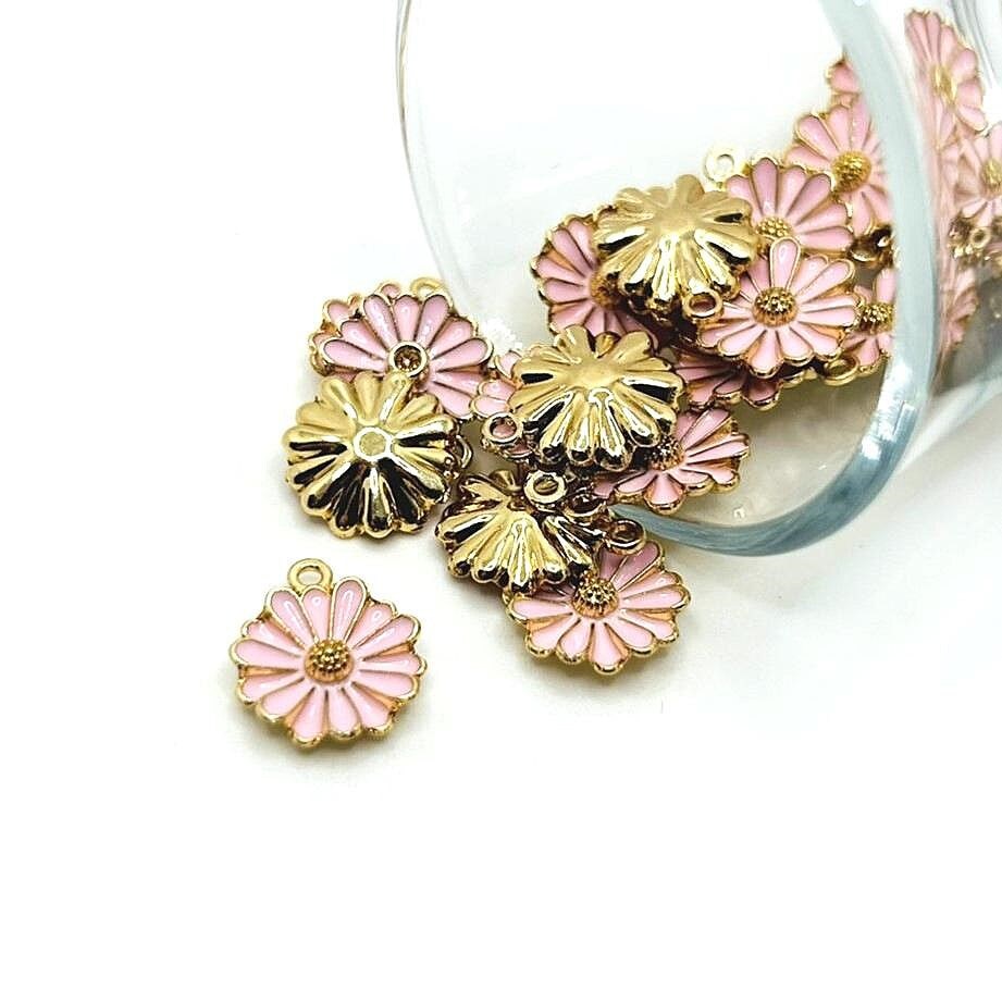 1, 4, 20 or 50 Pieces: Small Pink and Gold Flower Charms