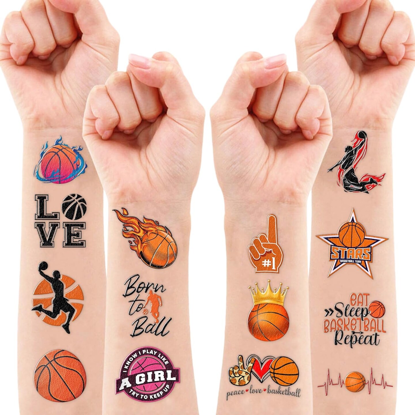 Pre-Cut Basketball Temporary Tattoos - Olympic MVP Sports Game NBA-Themed Stickers for Kids&#x27; Birthday Party Supplies, Decorations, Favors, and Prizes