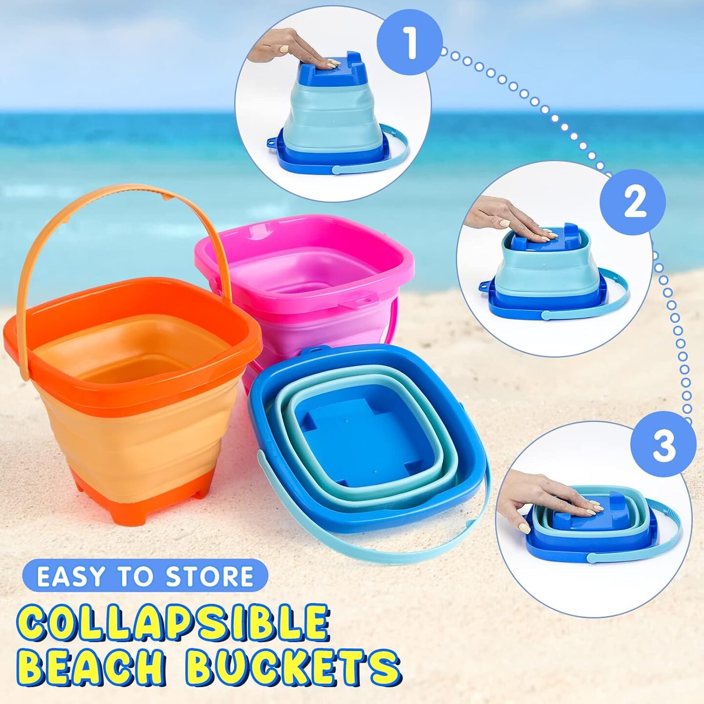Summer Beach Toys for Kids 3-10, Collapsible Sand Castle Toys for Beach Include 3 Pack Foldable Buckets, Shovels Molds and Storage Mesh Bag, Sandbox Travel Toys for Toddlers Kids