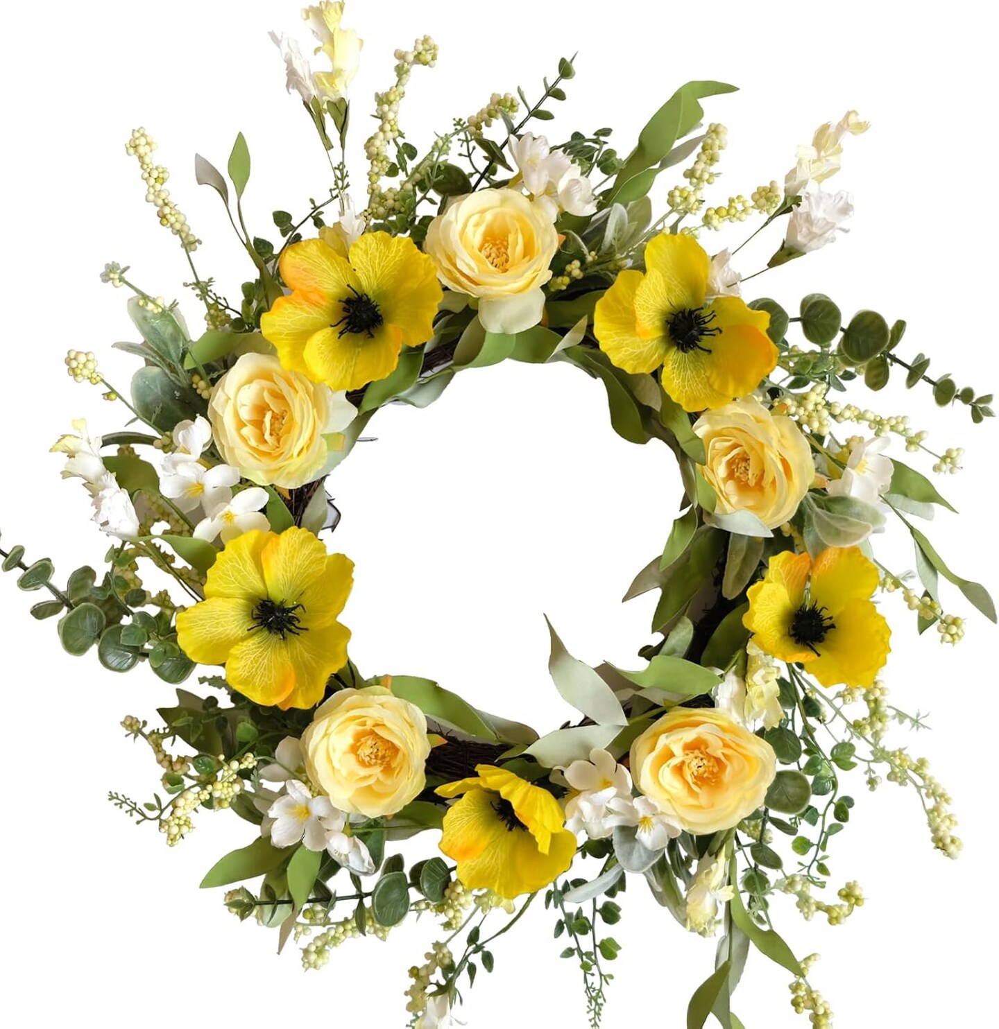 Summer Wreaths for Front Door 18 Inch Artificial Flower Decoration Wreath with Yellow Roses Poppies Wreaths for Farmhouse Outside All Season for Indoor Outdoor Home Wall Holiday Decor